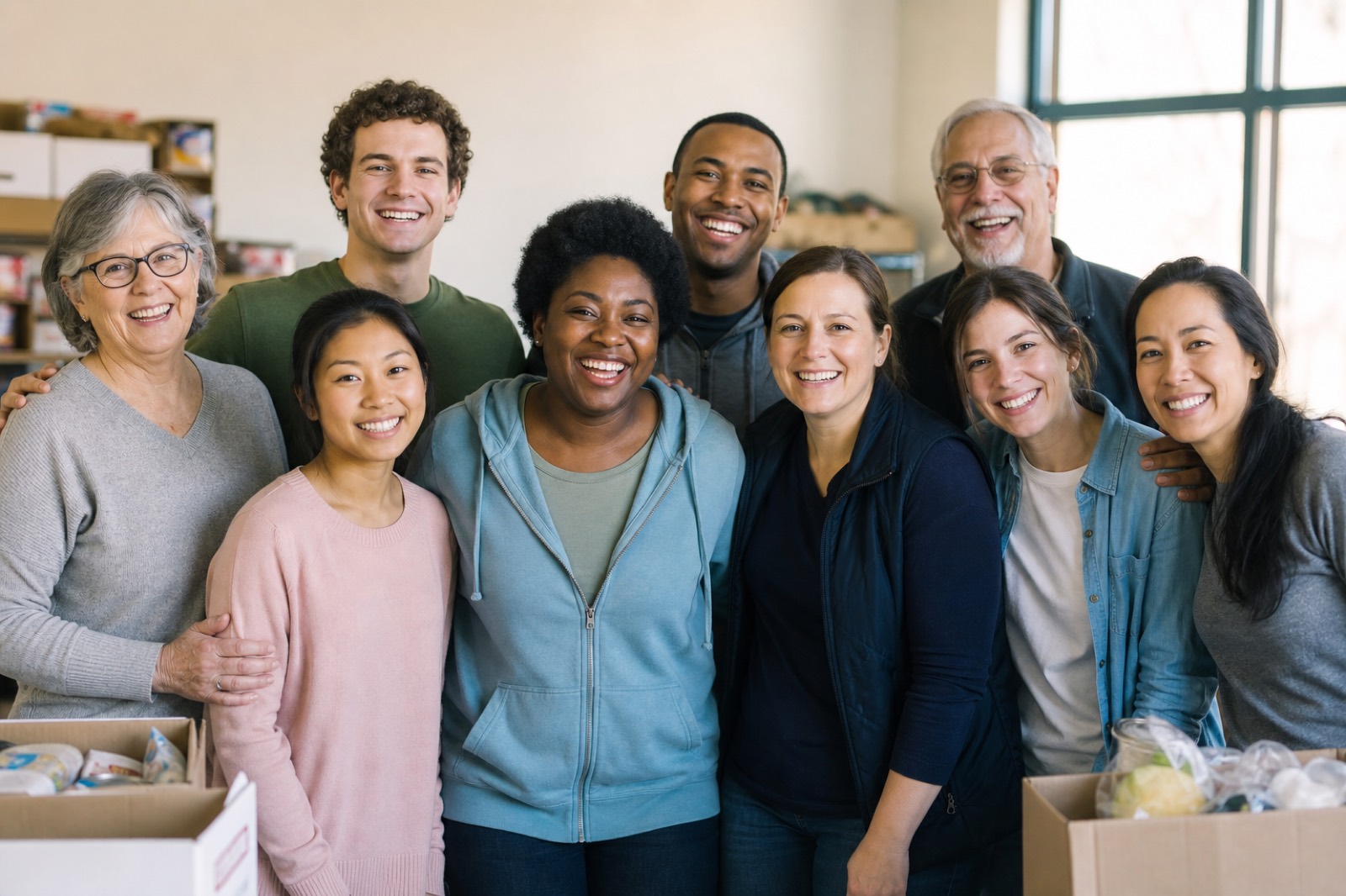 DPI volunteers of different ages and backgrounds smiling together in a community space