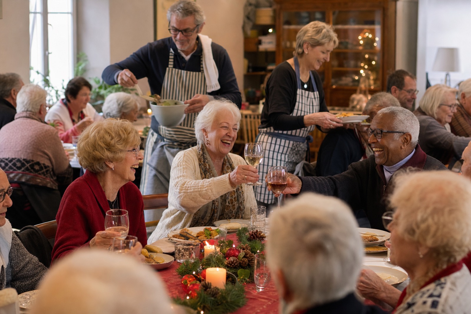 Older people laughing and toasting around a festive shared meal served by volunteers