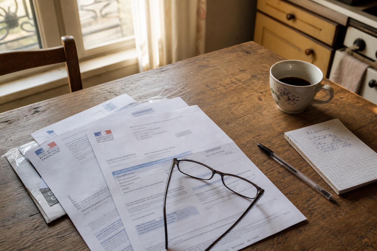 Official French administrative forms, reading glasses, a pen and a cup of coffee on a kitchen table