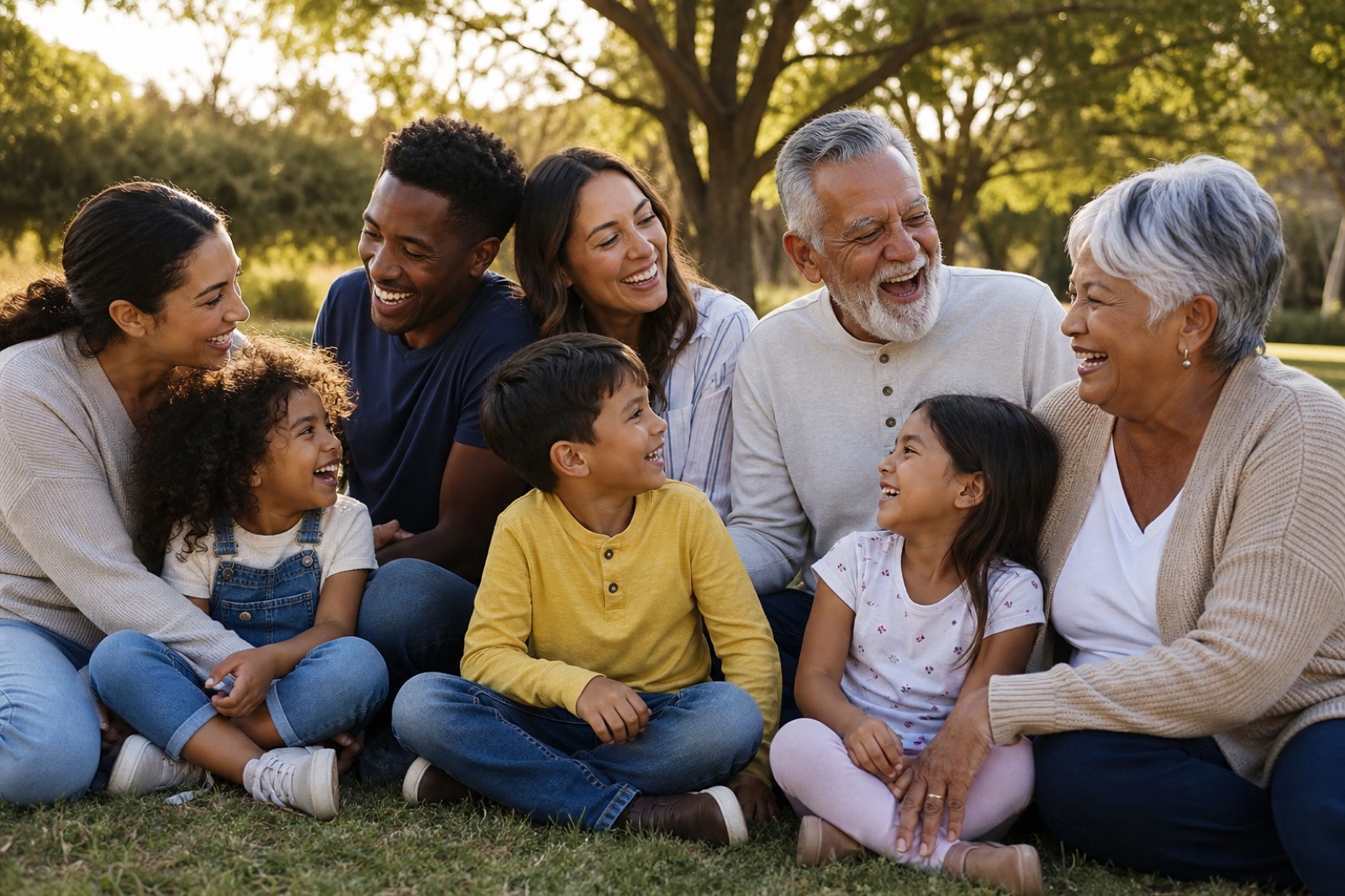 A warm intergenerational group of older people, adults and children laughing together outdoors