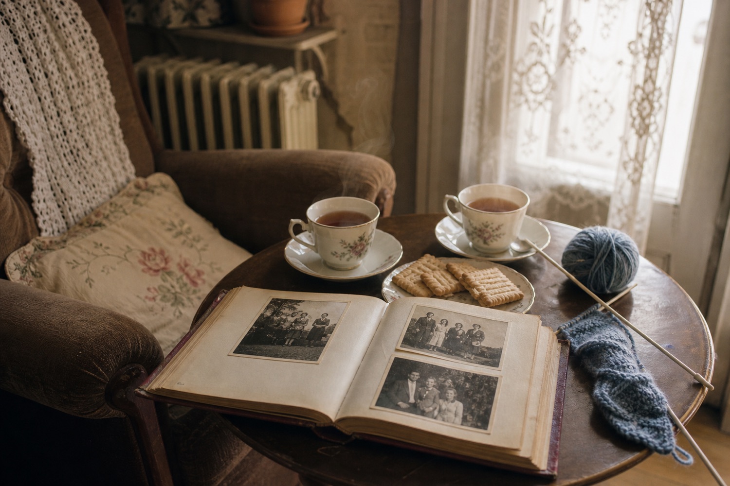 Two cups of tea, biscuits and an open family photo album on a table during a home visit