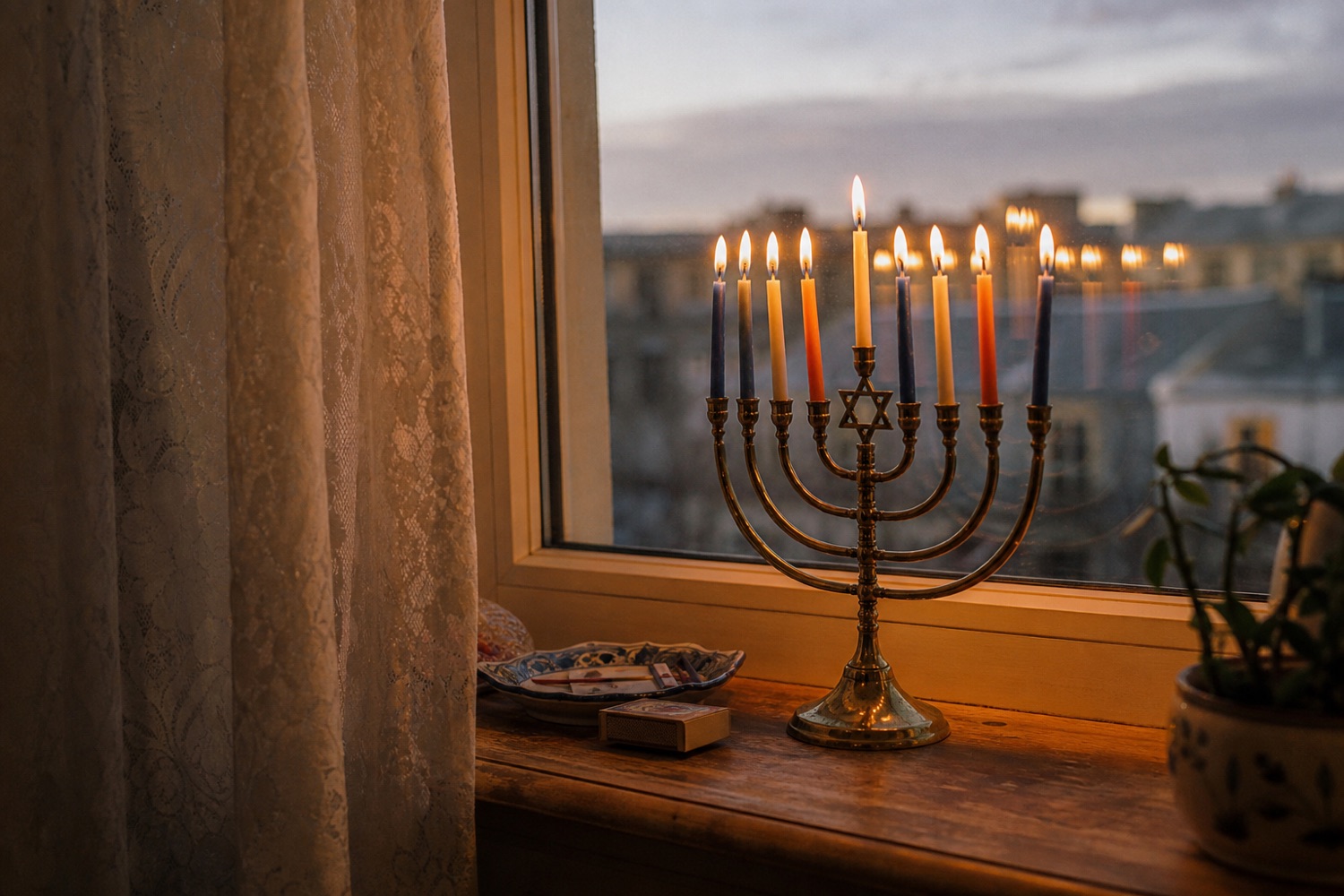 A Hanukkah menorah with lit candles on a windowsill at dusk overlooking city rooftops