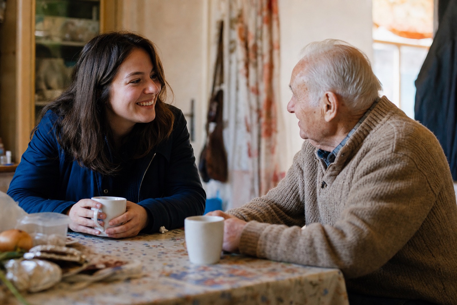 A volunteer sharing a cup of coffee and conversation with an isolated elderly man at his kitchen table