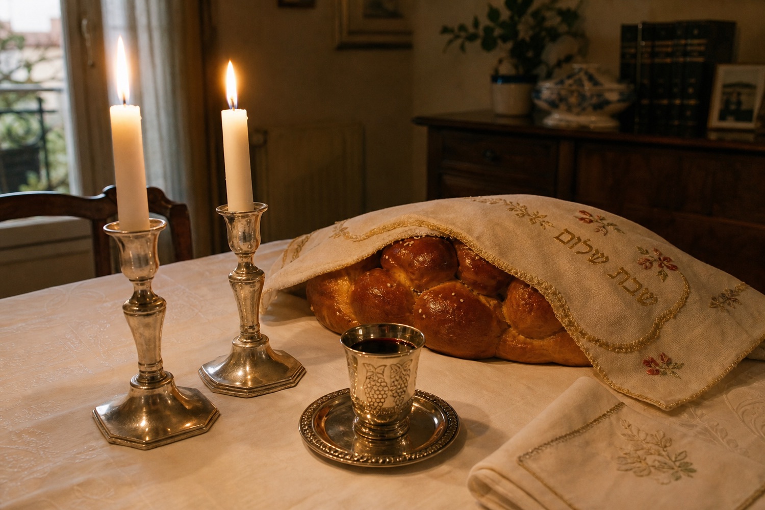 A Shabbat table with two lit candles, a braided challah under an embroidered cloth and a silver kiddush cup