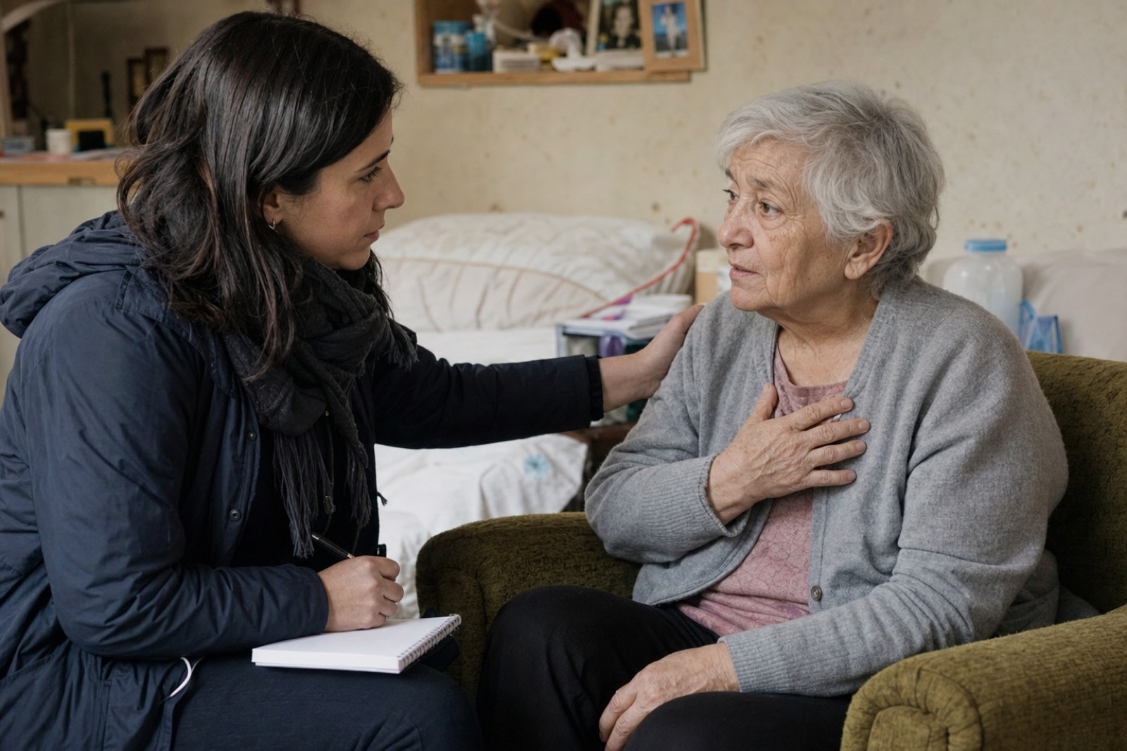 A social worker compassionately reassuring a worried elderly woman in her home